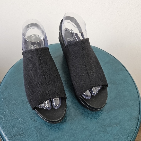 Eileen Fisher Port Wedge Sandals - Black Slingback Minimalist Comfy Size 8.5 - Picture 2 of 12